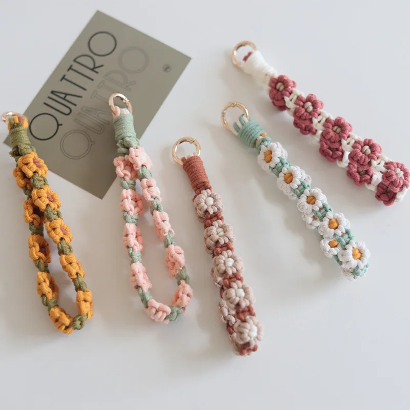 

DAISY FLOWER MACRAME WRISTLET KEYCHAIN Boho Bohemian Key Fob Strap Wrist Lanyard Bracelet Keyring Purse Backpack Charm Crochet