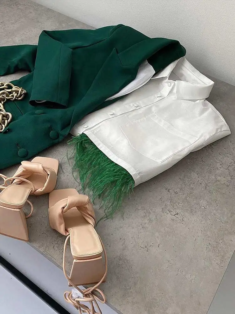 Элегантные топы женская комбинированная зеленая пушистая белая рубашка 2022