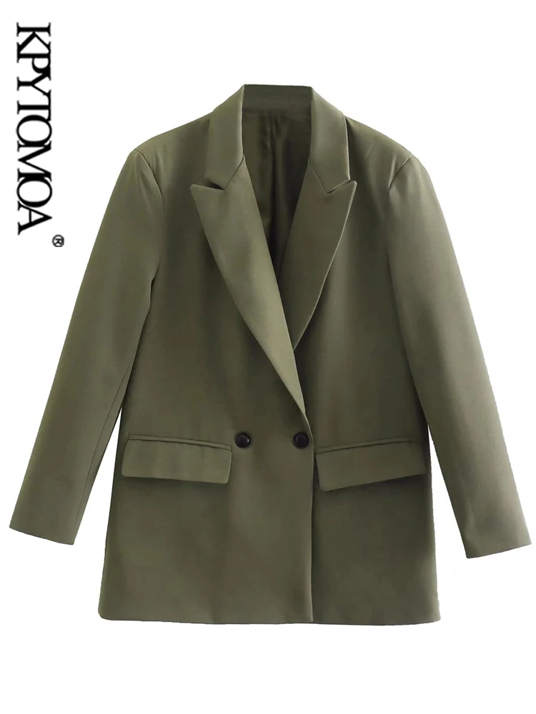 

KPYTOMOA Women Fashion Double Breasted Loose Blazer Coat Vintage Long Sleeve Flap Pockets Female Outerwear Chic Veste Femme