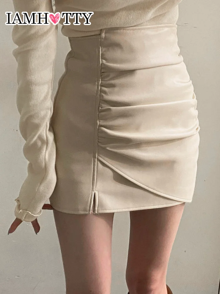 

IAMHOTTY Folds Slit Pu Leather Straight Mini Skirt High Waist Pencil Short Skirts Vintage Grunge Streetwear Korean Style Outfit