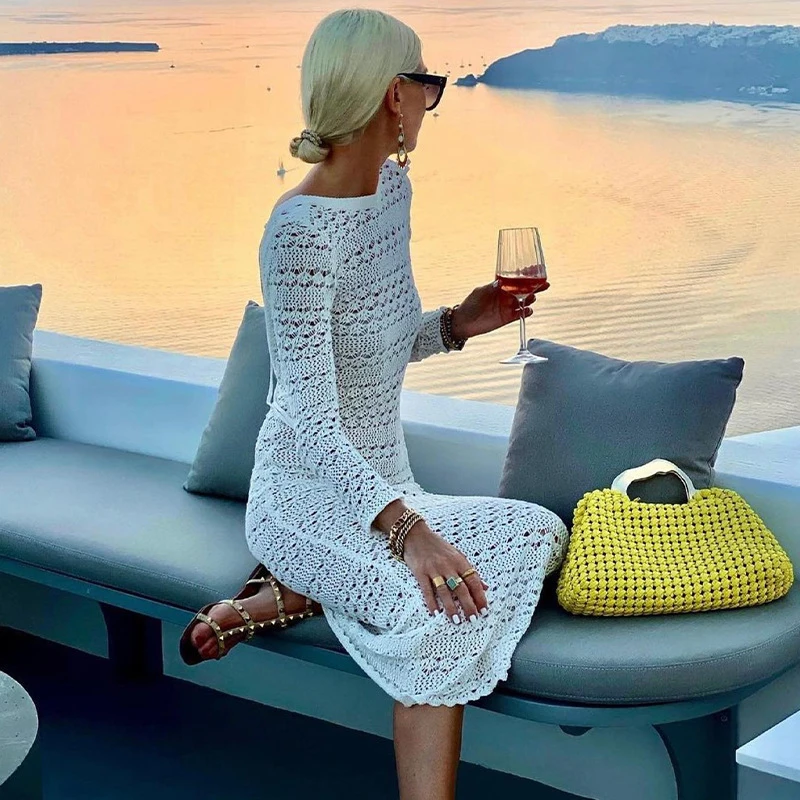 

Autumn Lady Chic Crochet Knit Maxi Dress 2022 Sexy O-Neck Hollow Out Party Dress Fashion Backless Lace Up Long Sleeve Slim Dress