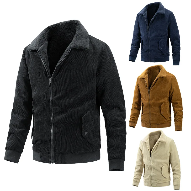 Men's 2022 Casual Jacket Autumn/Winter Corduroy Double-sided Jacket with Fleece and Thick Lapel Casual Slim Man's Jacket Jacket