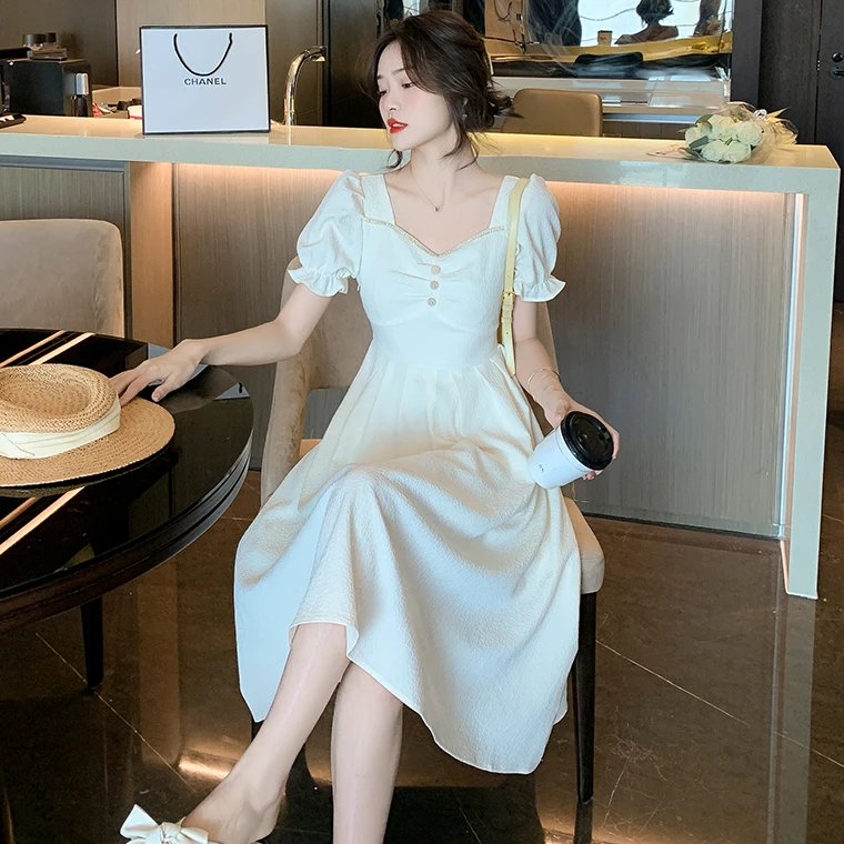 

COIGARSAM Women One Piece Korea Dress Summer 2022 New French Style Puff Sleeve Square Collar White Black Dresses Dropshipping