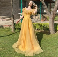 vintage yellow square organza prom dresses boho 2022 a line short ruffles evening party gown robe de soiree vestidos fiesta