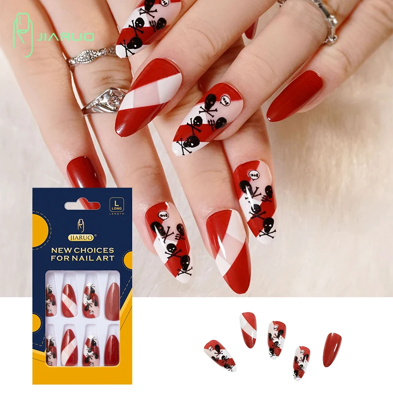 

JIARUO 24PCS/BOX Long Almond Press on Nails Y2k Round Nails Black Design Nail Fake Nail Full Cover Tips Halloween Press on Nail
