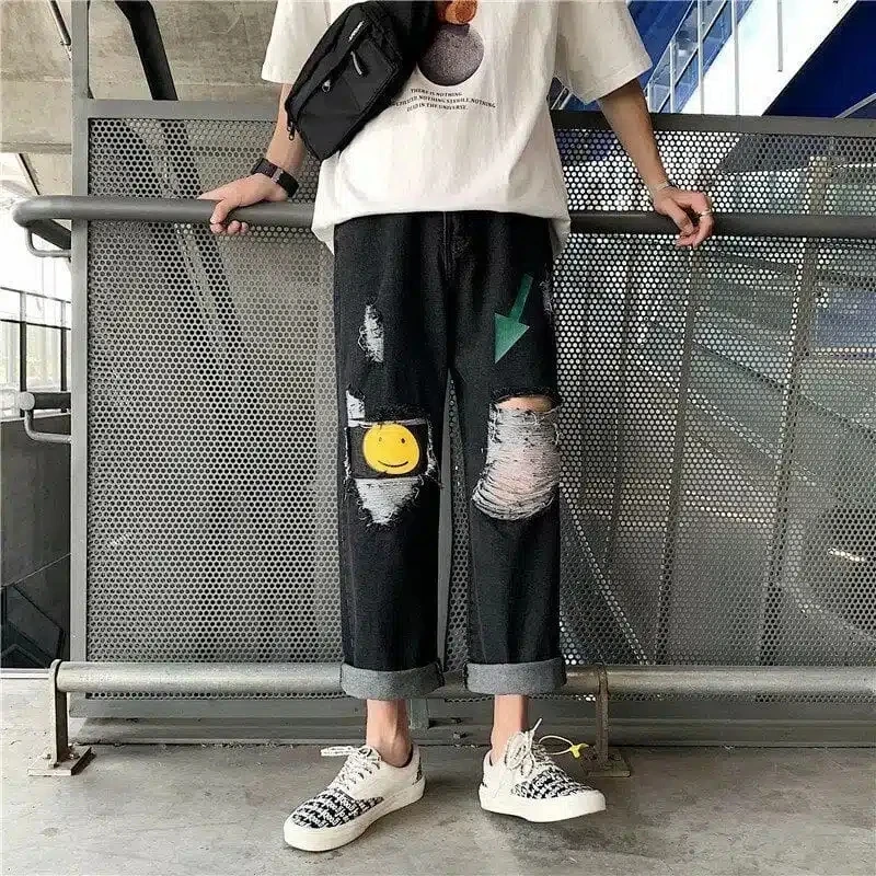 New Korean Fashion Men'S Spring/Summer Brushed Hole Loose Street Jeans Women'S Smiley Print Comfortable Casual Fashion Trousers