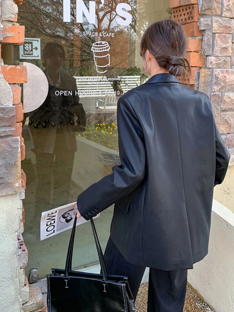 Black Leather Suit Jacket Womens 2023 Spring and Autumn New PU Leather High-end Sense Fried Street Loose Temperament Casual Suit