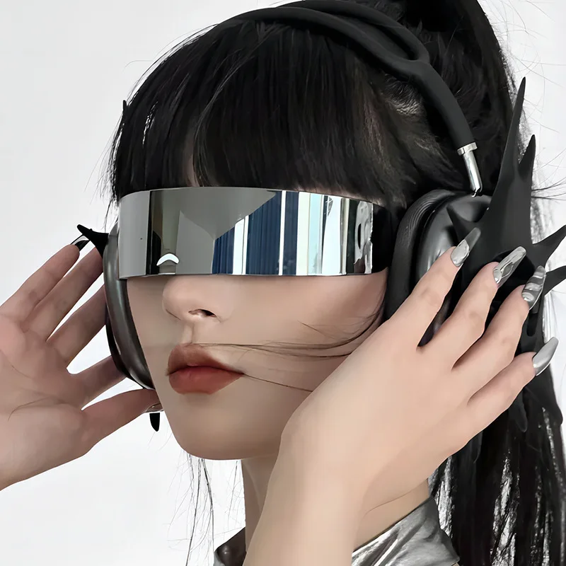 Фото Солнцезащитные очки Y2K Future Warrior без оправы, цельные линзы с запахом вокруг кибер-панка, футуристические мужские и женские солнцезащитные очки в стиле хип-хоп для вечеринок №2