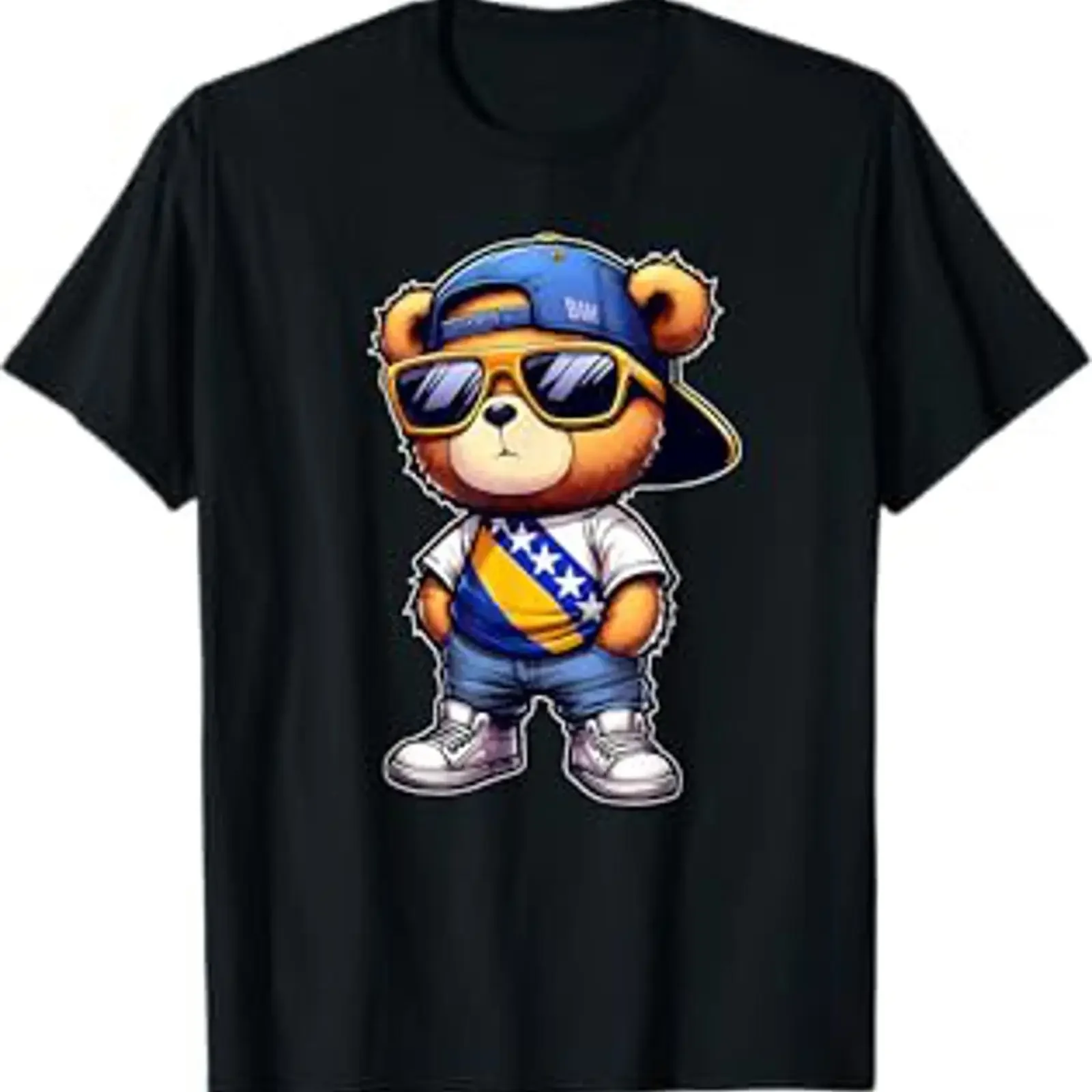 Фото Футболка Balkan T Shirt Bosnian для мужчин и женщин с милым изображением плюшевого мишки с флагом Боснии и Герцеговины, винтажная, дизайнерская, с эффектом потертости. №1