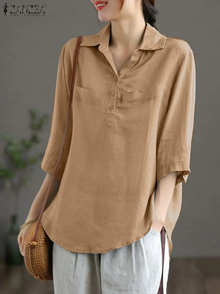 

2023 ZANZEA Fashion Lapel Neck Shirt Women 3/4 Sleeve Loose Blouse Femme Casual Cotton Chemise Elegant Office OL Blusas Mujer