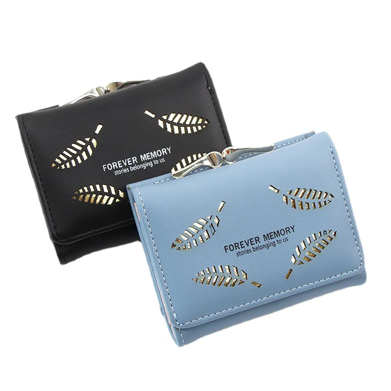 

Three-fold Wallet Women Multi-function Hollowed-out Leaf Pattern Wallet, Fashion Personalized Magnetic Buckle Short Letter Purse