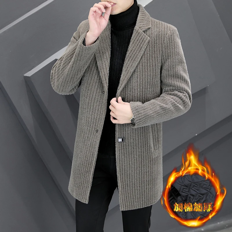 2022 Winter Striped Woolen Long Jackets Men Slim Casual Business Trench Coats Fashion Social Overcoat Thicken Warm Men Clothing
