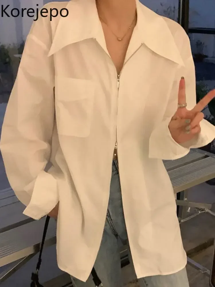 Korejepo белые рубашки с двойной молнией женские осенне-зимние однотонные простые