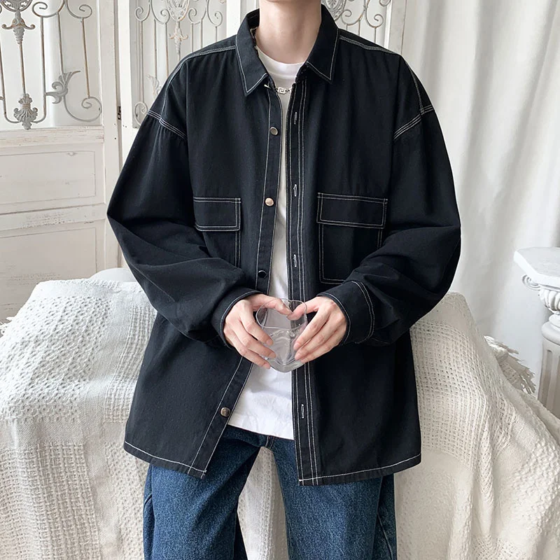Autumn Cotton Long Sleeve Shirts Men Fashion 3 Colors Retro Pocket Tooling Shirts Mens Japanese Loose Casual Shirts Men M-3XL