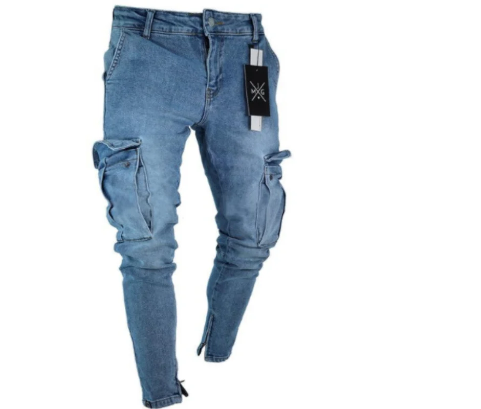 Stretch Mens Jeans Trend Knee Hole Zipper Side Pocket Denim Pants for Men