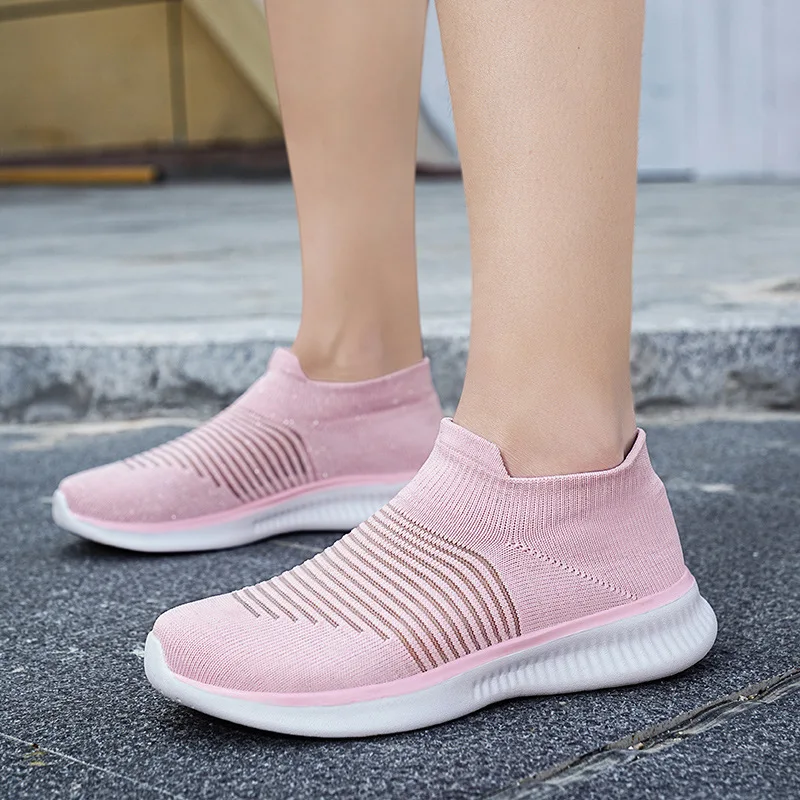 

Women Walking Tennis Female Flat Shoes Slip-On Light Air Cushion Mesh Up Stretch Sneakers Running Casual Breathable Sports Shoes