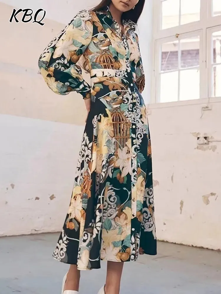 

KBQ-Spliced Single Breasted Printing Dresses for Women, Stand Collar, Lantern Sleeve, High Waist, Casual, Hit Color, Female, New
