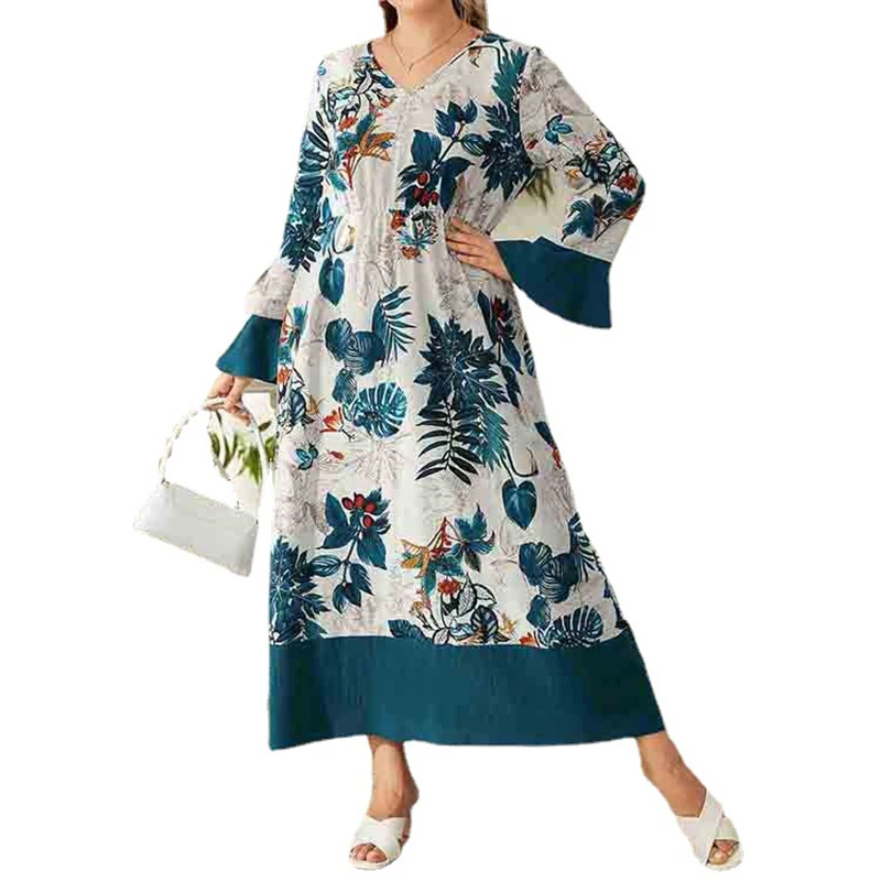New Muslim Women's Dress Fashion V-Neck Trumpet Sleeve Floral Print Dress Dubai Arab Turkey Islam Femme Elegant Gown Vestidos