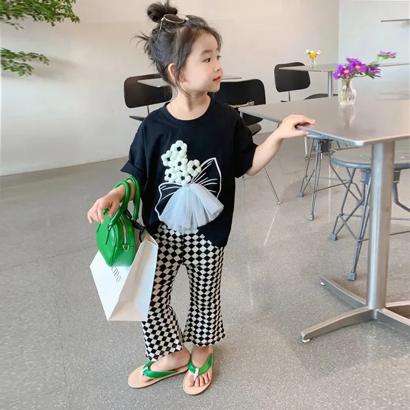

Summer Girls Suits Children's Spring and Autumn Suits Teenage Girls Short-sleeved T-shirt Flared Pants Two-piece Set