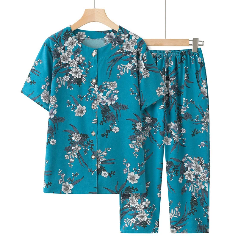 

Women Sleepwear 2PCS Pajamas Set For Middle Aged Summer New Floral Printing Homesuit Soft Short Sleeve Lounge Wear Nightwear