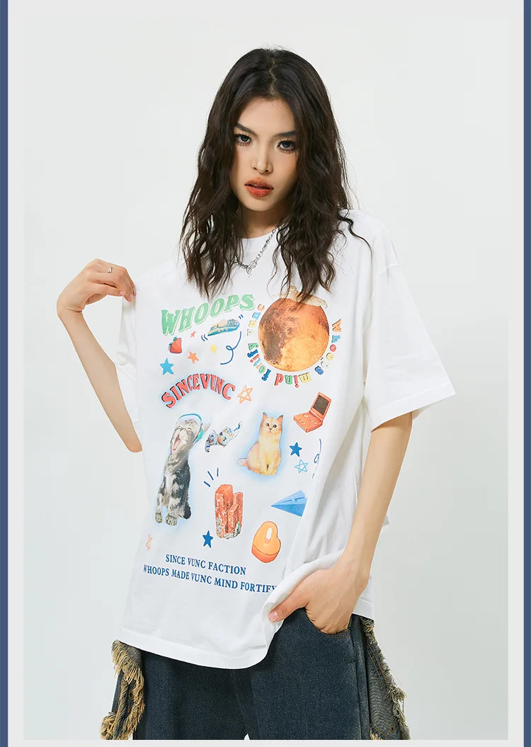 

Summer Fashion New Short-Sleeved T-Shirt Creative Cartoon Animal Printing Casual Loose Solid Color Unisex Round Neck Cotton Tops