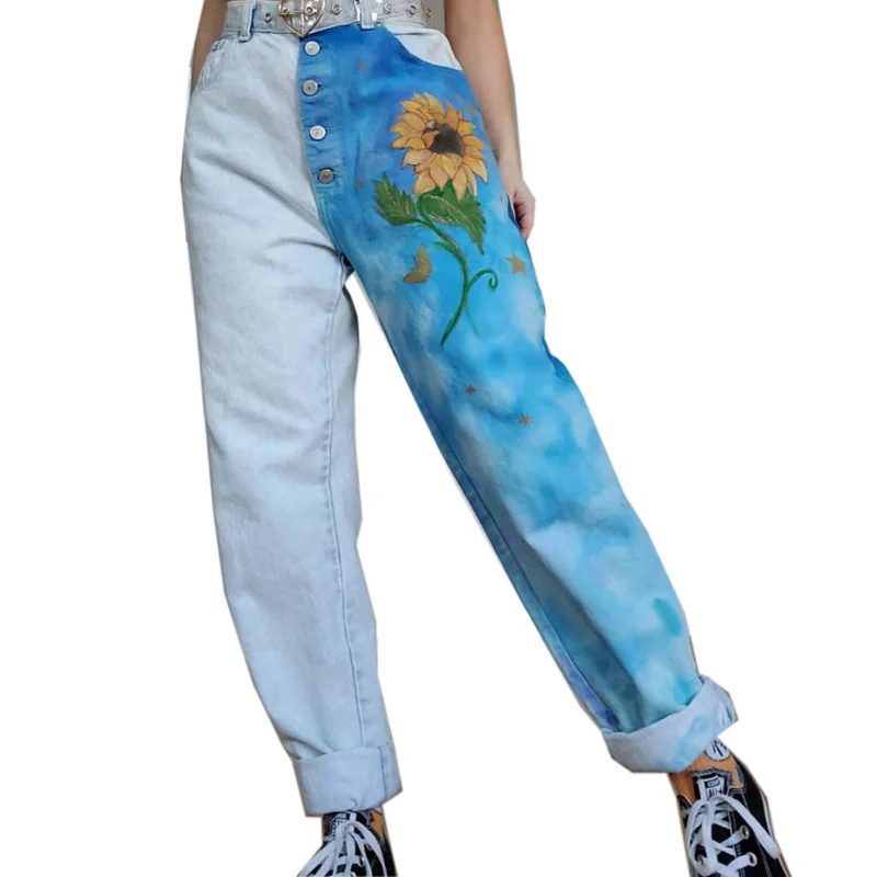 

Women's High-waist Printed Jeans Overalls Fashion Printed Stitching Boyfriend and Mom Loose Jeans Full-length Trousers Y2k Jeans