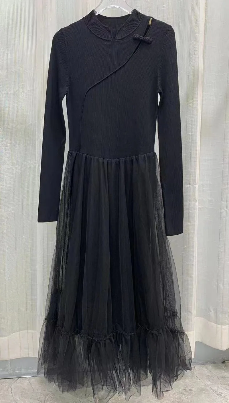 

Женское длинное платье-свитер, Повседневное трикотажное платье-свитер с длинным рукавом, из тюля и Сетчатой Ткани в стиле пэчворк, Осень-зима 2023