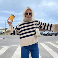 fashion 2021 autumn high neck trumpet sleeve striped sweater european and american new high neck pullover loose blouse women