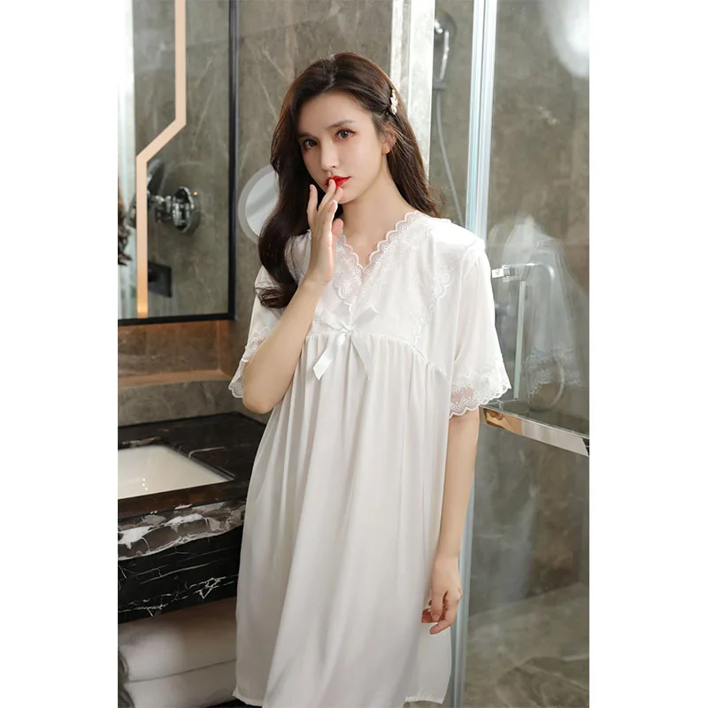 YFTNH Sleep Shirts for Women Silk Nightdress Bow Lace V-neck Short Sleeve Sleepwear Dresses Solid Plain Loose Homewear Nighties