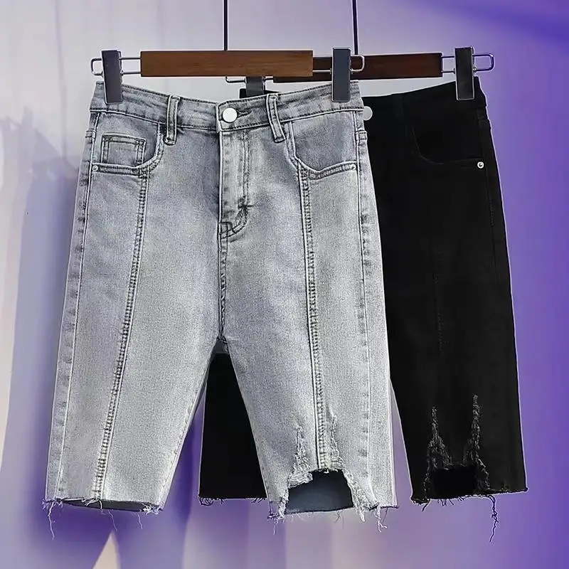 New Casual High Waist Denim Shorts Women Summer Pocket Tassel Hole Ripped Jeans Female Femme Short Pants N59