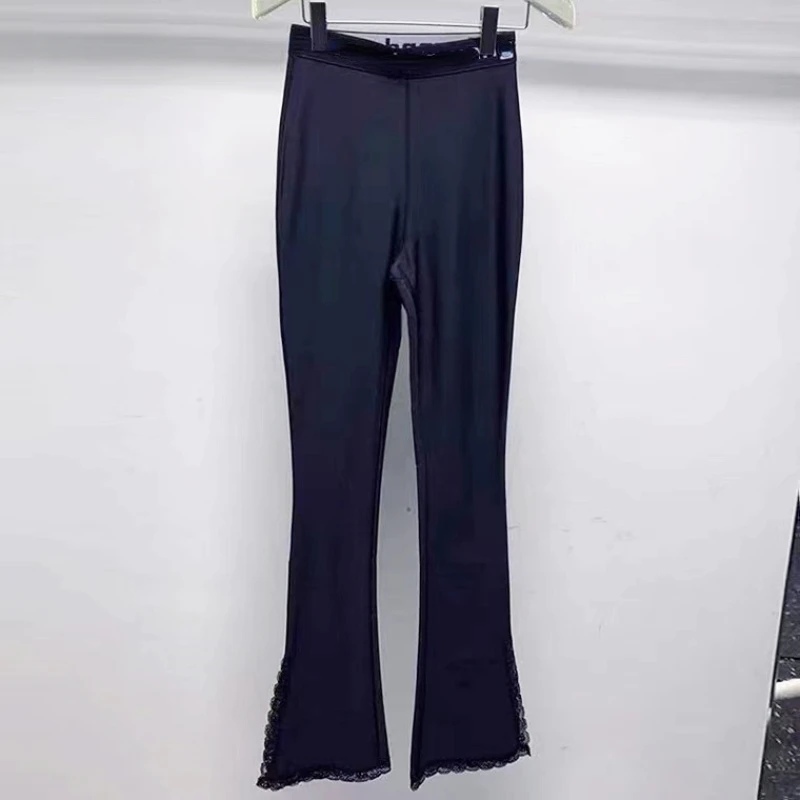 

High Quality Women Casual Long Pant Vintage Comfortable Letter Print Lace Split Flared Pants Office Lady American Luxury Brand