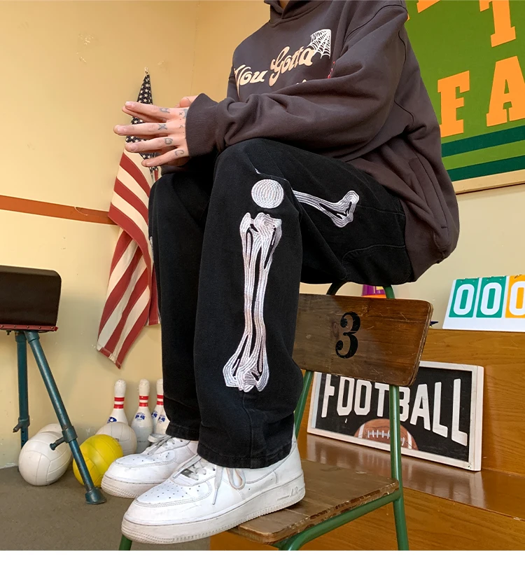 Jeans spring and summer new high street American men's and women's tide brand skeleton hip-hop personality straight trousers