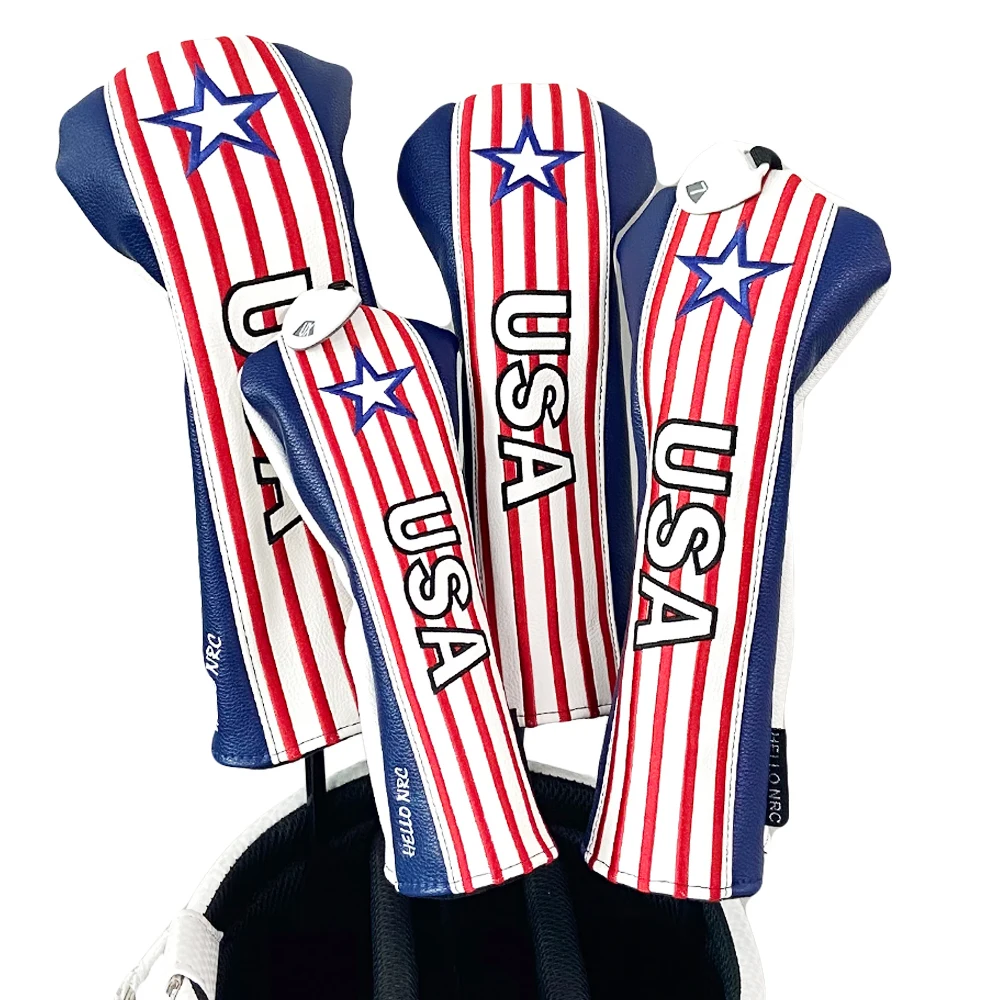 

1Pcs/Set Golf Headcover Golf Club Head Cover USA Stripes PU Leather Driver Fairway Hybrid Number Tag Waterproof Golf Wood Cover