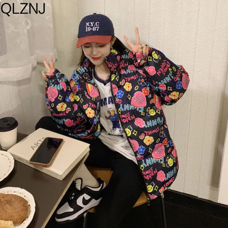 Winter Jacket Woman Cute Print Cotton Padded Quilted Jacket Ladies Warm Hooded Parkas Harajuku Casual Long Sleeve Bubble Coats