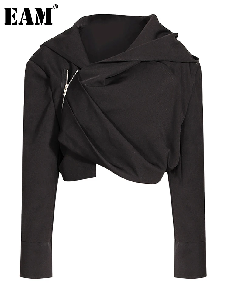 

[EAM] Loose Fit Black Irregular Big Size Jacket New Hooded Long Sleeve Women Coat Fashion Tide Spring Autumn 2023 17A9961