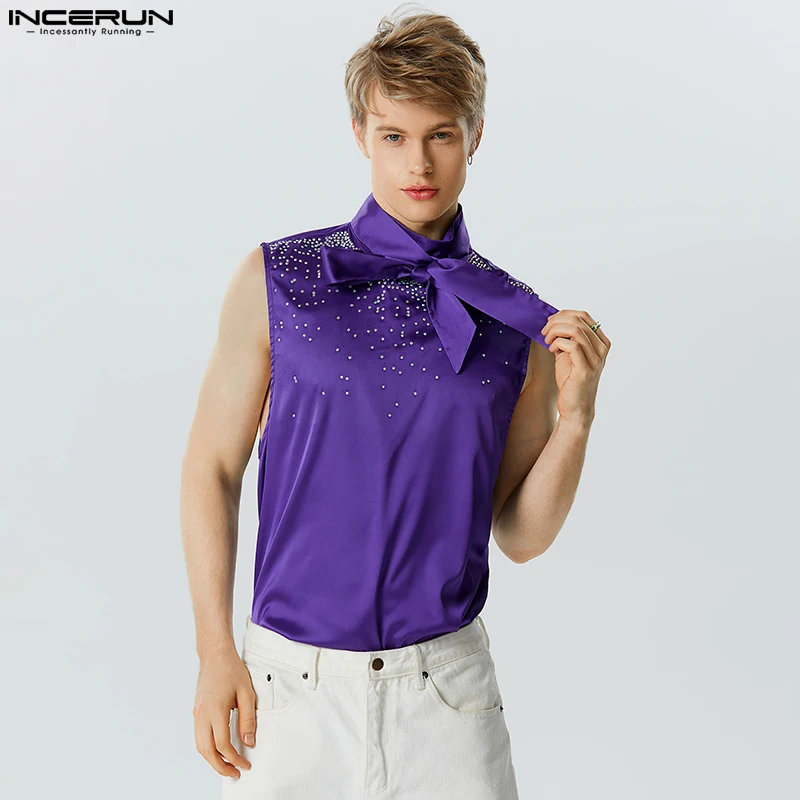 

INCERUN 2023 Men Tank Tops Sequins Shiny Stand Collar Tie Up Fashion Sleeveless Vests Summer Streetwear Party Men Clothing S-5XL