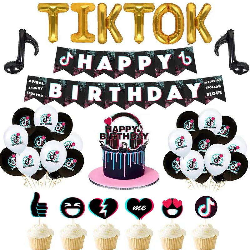 

Tickto Music Theme Balloon Friends Party Decoration Backdrop Pull Flag Cake Insert Birthday Party Supplise
