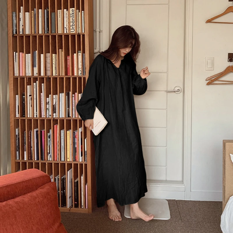 QWEEK Cotton Sleepwear Korean Style Long Woman Nightgown Basic&Casual Nightie Summer Breathable Soft Loungewear Negligee