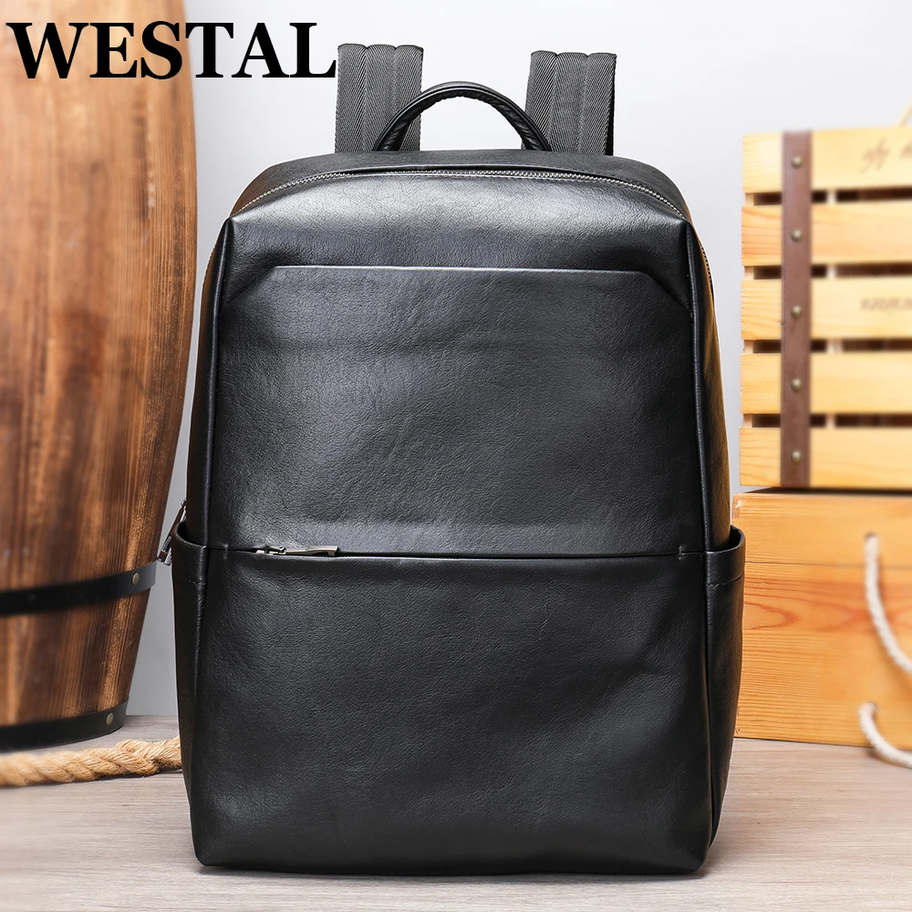 

WESTAL 15.6 Inch Laptop Bag Waterproof Backpack Leather School Bag Boys Rucksack Handbags Business Travel Notebook Bag