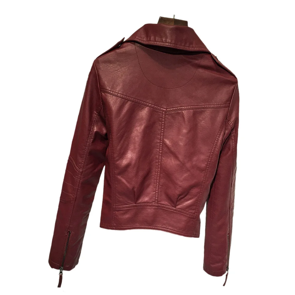 2023 Spring and Autumn ladies washed lapel motorcycle leather coat short coat