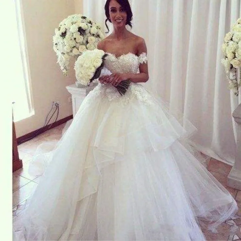 

Charming Sweetheart Tulle Ruffles Wedding Dresses 2023 Robe De Mariage Sweep Train Off The Shoulder Lace Appliques Bridal Gown