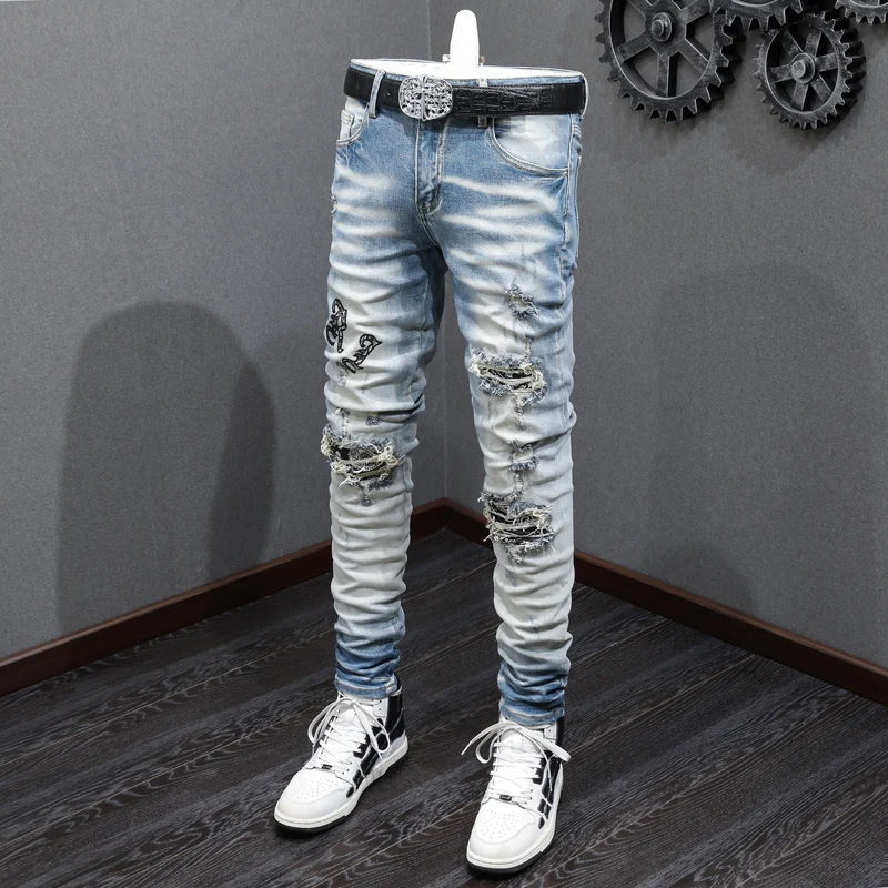 High Street Fashion Men Jeans Retro Light Blue Elastic Stretch Skinny Fit Ripped Jeans Men Brand Patches Designer Hip Hop Pants