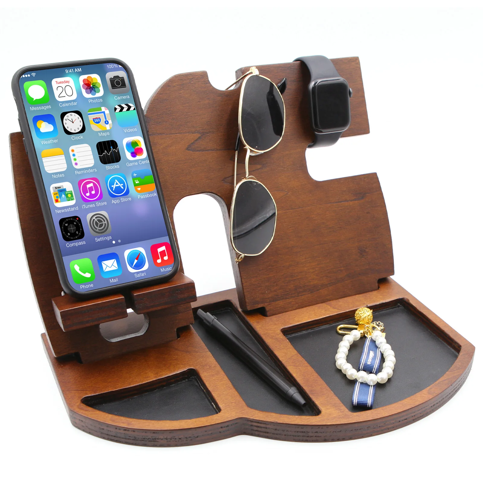 

Wooden Phone Docking Station Wooden bedside organizer Walnut Wallet Stand Key Holders & Watches Organizer Men Gift Husband Wife