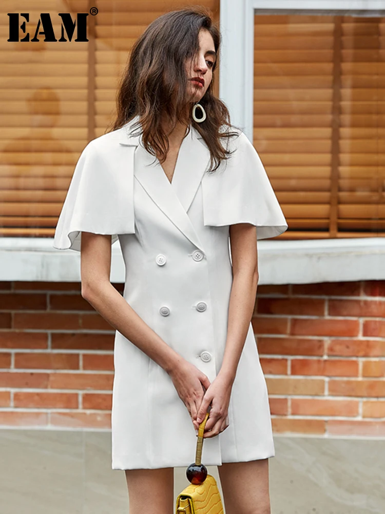

[EAM] Women White Double Breasted Split Joint Dress New Notched Short Sleeve Loose Fit Fashion Tide Spring Summer 2022 1U702