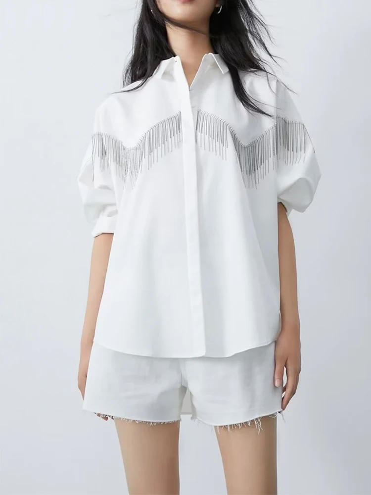 

2023 Women Shirt Tassel Button Up White Blouse Woman Top Shirts for Women Casual Long Sleeve Blouses Women Tops