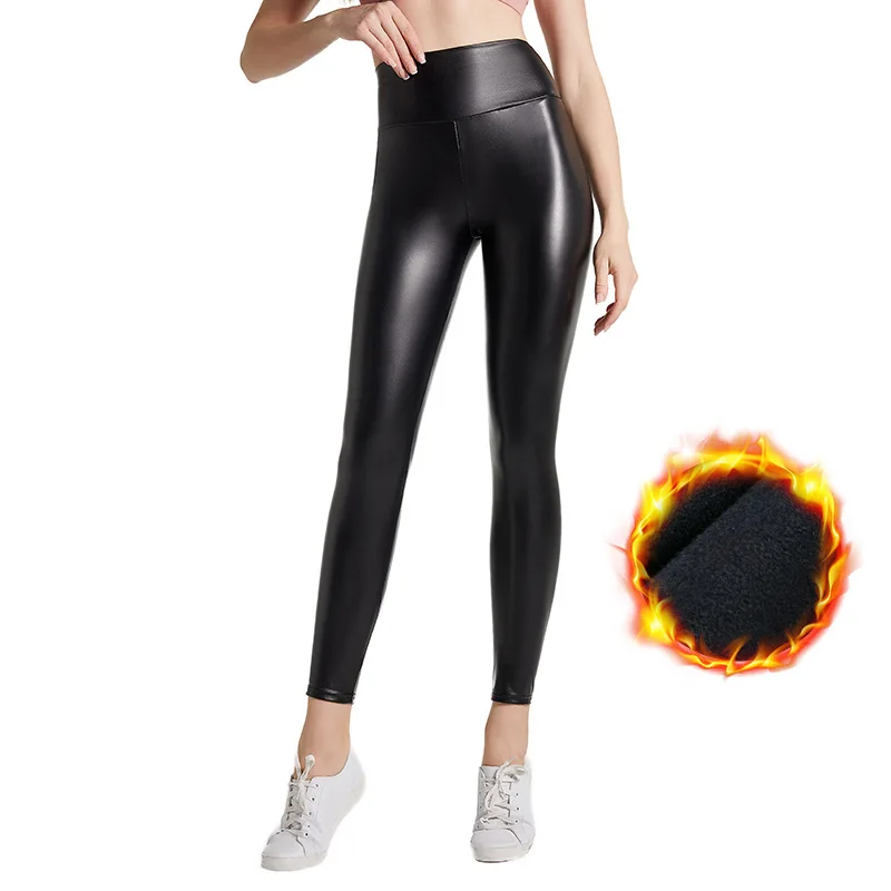 

Leggings Autumn Thick PU Leather Pants Ladies Matte Glossy Yoga High Stretch High Waist Flannel Pants