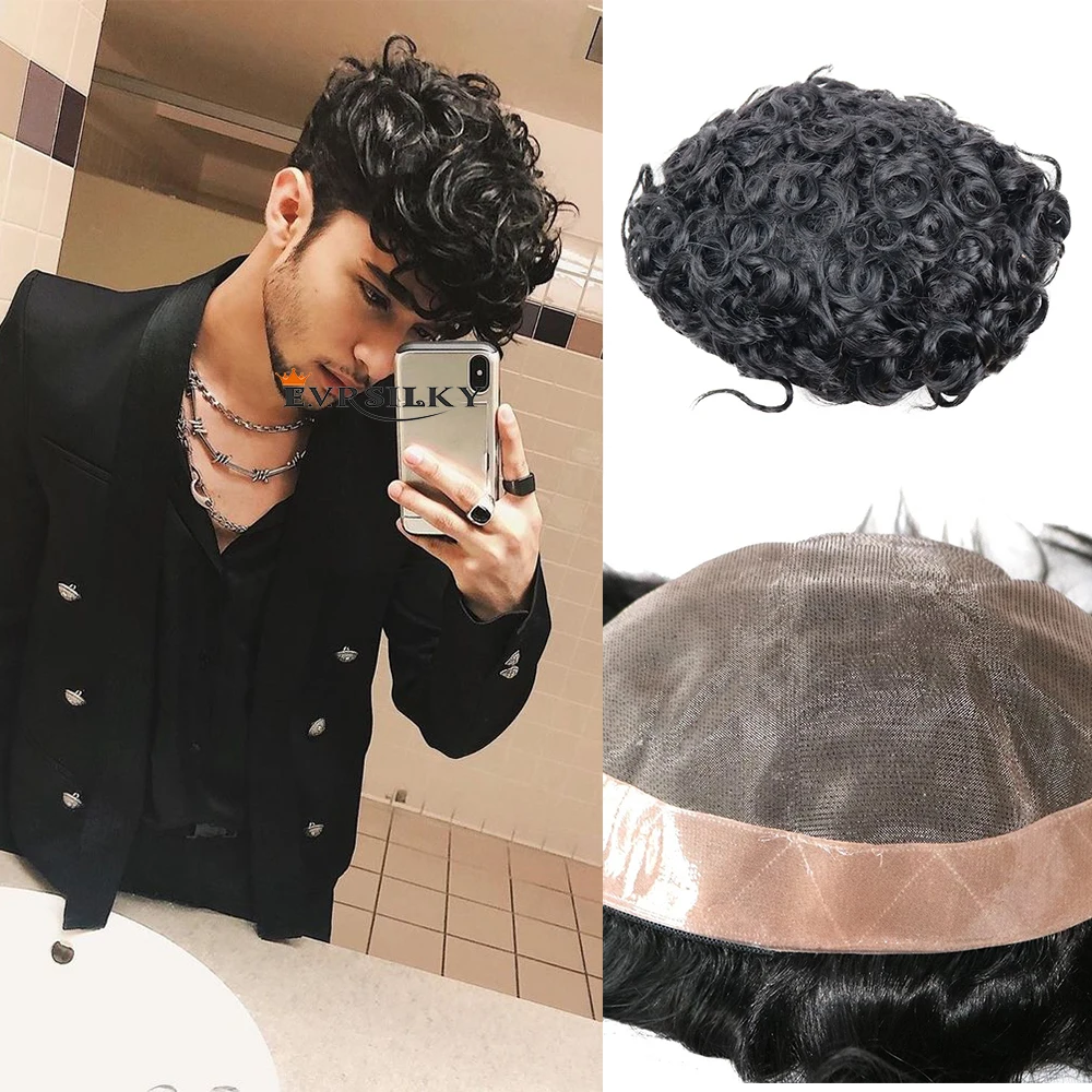 Durable Fine Mono Toupee Man Capillary Prosthesis 22mm Curly Indian Human Hair Wave Unit Replecement System Men's Wig Human Hair