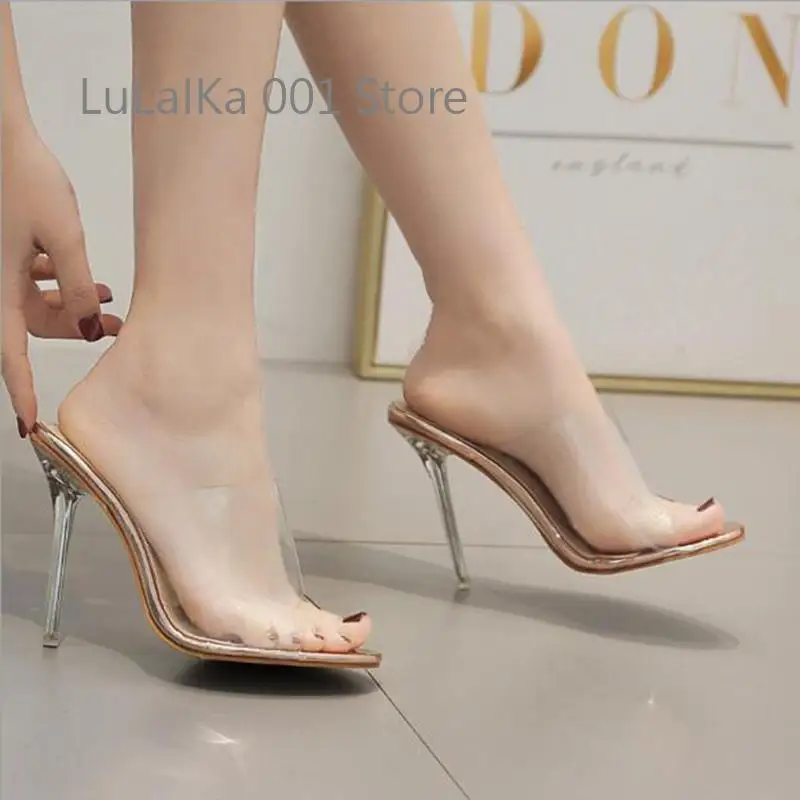 

2021 Summer New Leopard Grain Fashion Slippers Pvc Transparent Thin Heels Shoes Women Clear Slides Sexy High Heels Sandals Shoes