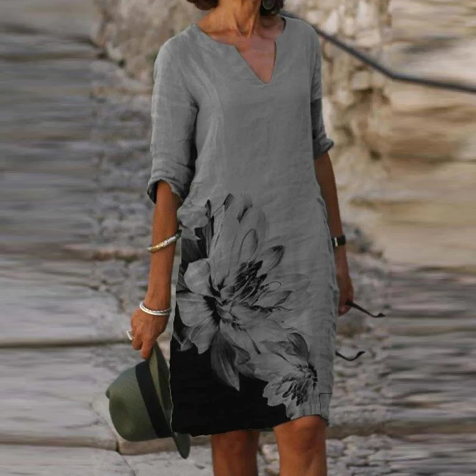 

Женское винтажное платье с цветочным принтом, повседневный свободный сарафан средней длины с длинным рукавом и V-образным вырезом, лето 2022