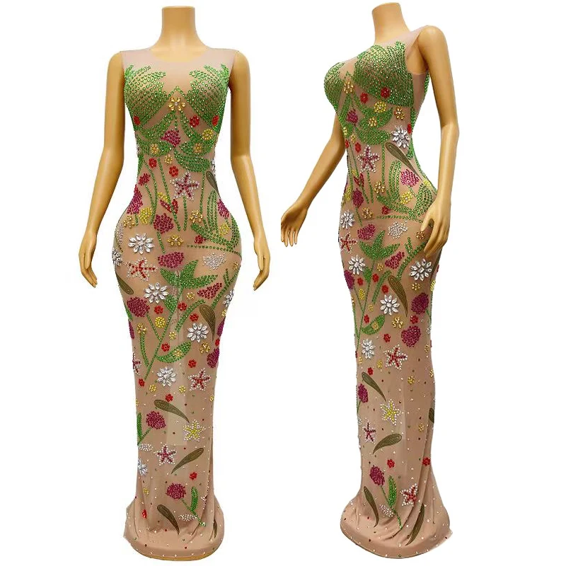 

Birthday Party Banquet Long Dress Rhinestones Flower Stretch Evening Dresses Drag Queen Costume Model Host Stage Wear VDB7186